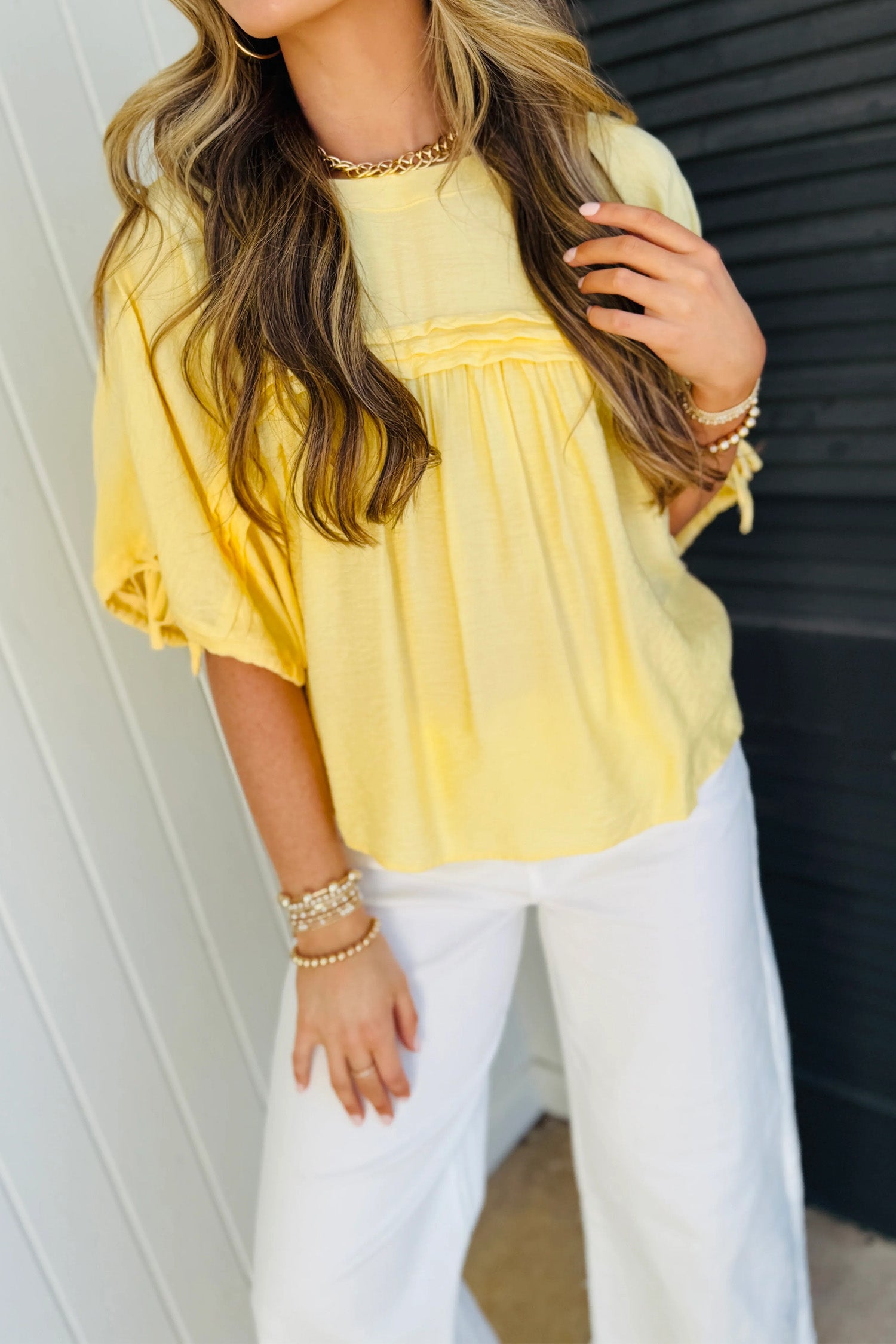 Meadow Mist Green Tie Half Sleeve Pleated Detail Babydoll Blouse