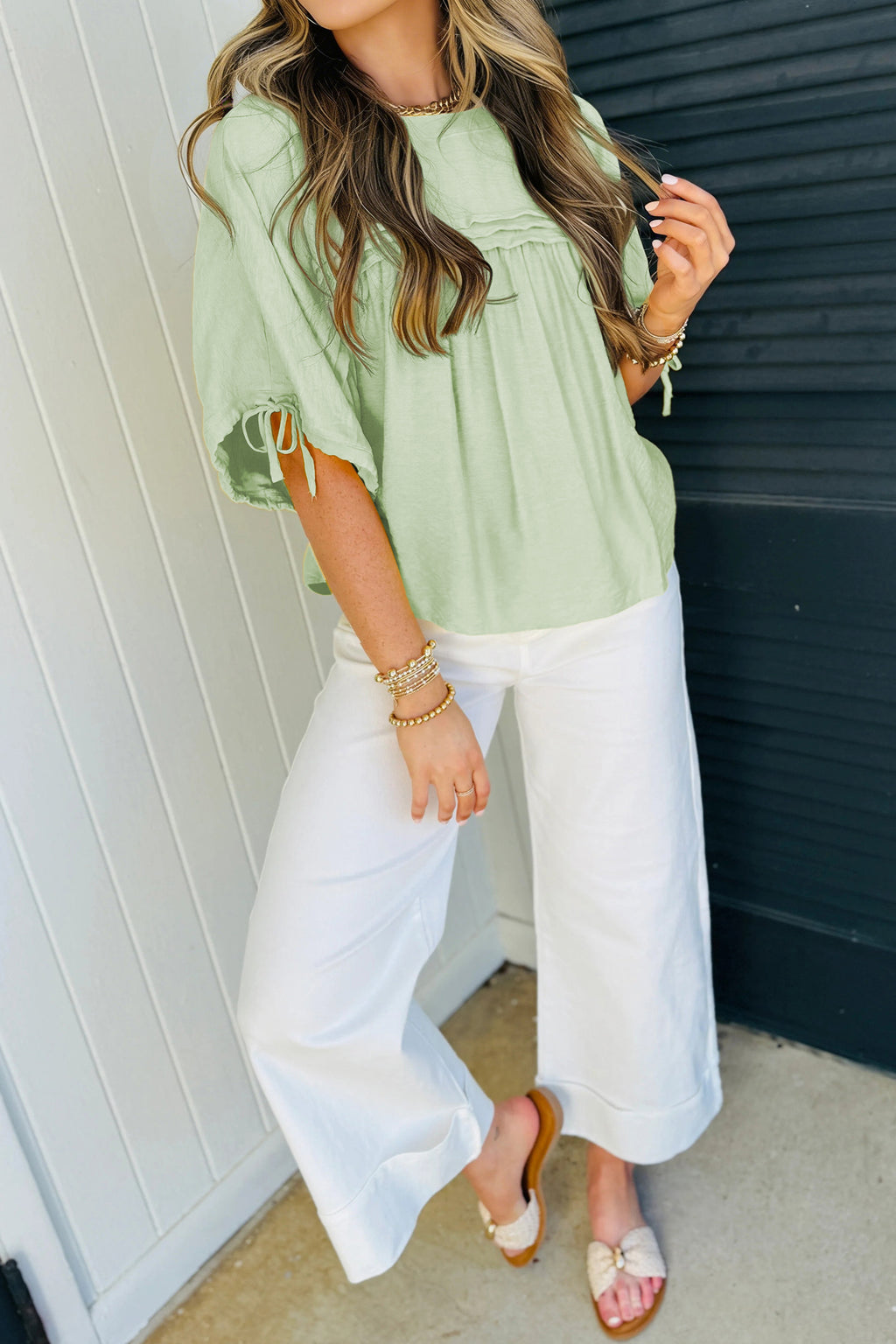 Meadow Mist Green Tie Half Sleeve Pleated Detail Babydoll Blouse