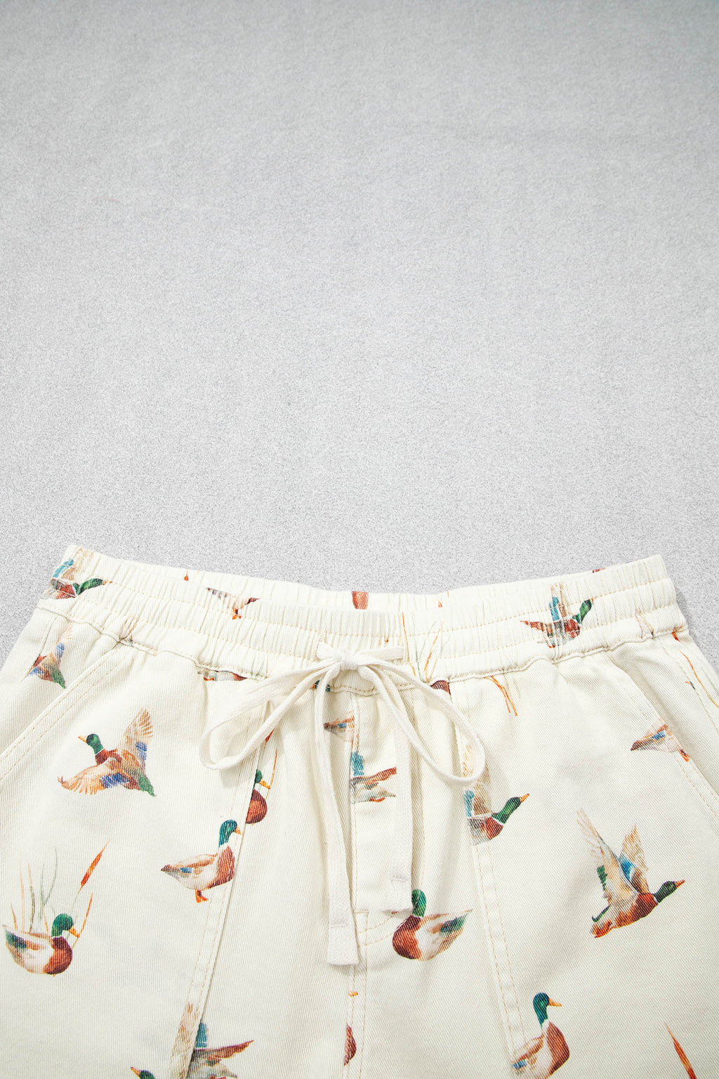 Beige Wild Duck Mallard Printed Drawstring Denim Shorts