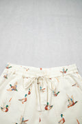 Beige Wild Duck Mallard Printed Drawstring Denim Shorts