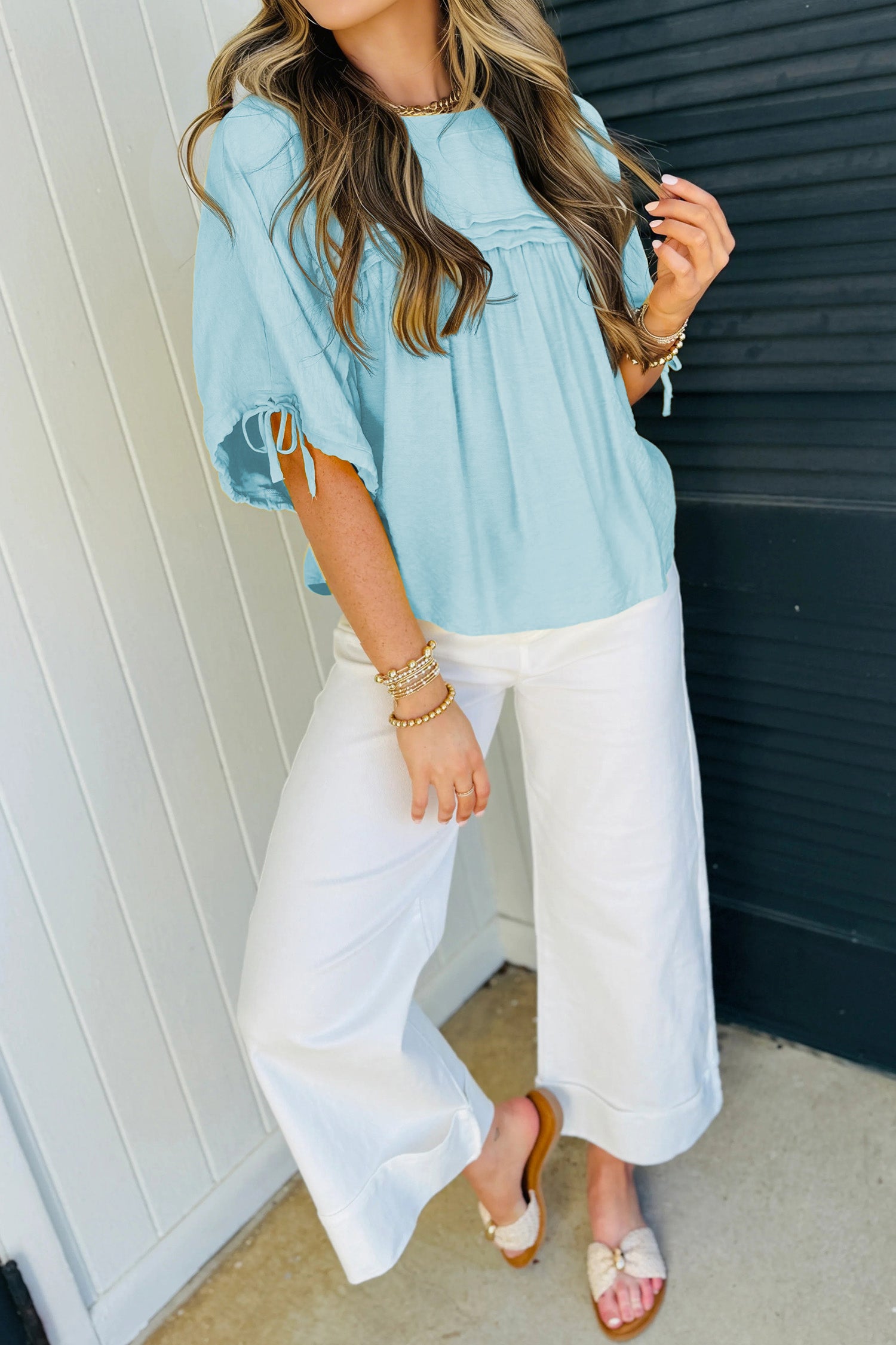 Meadow Mist Green Tie Half Sleeve Pleated Detail Babydoll Blouse