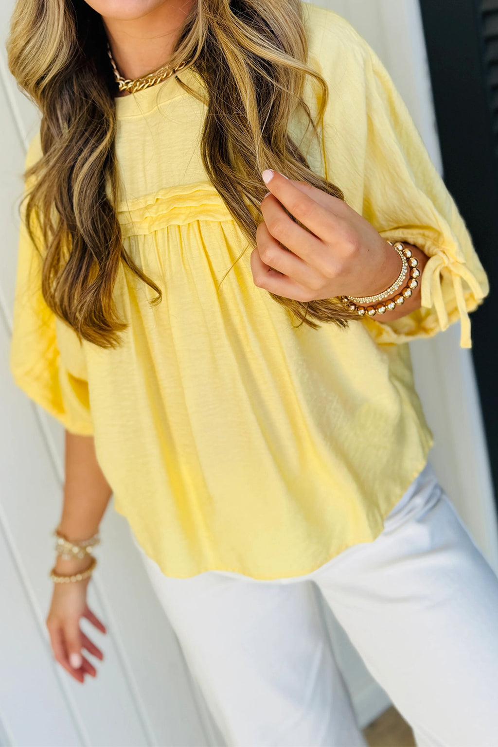 Meadow Mist Green Tie Half Sleeve Pleated Detail Babydoll Blouse