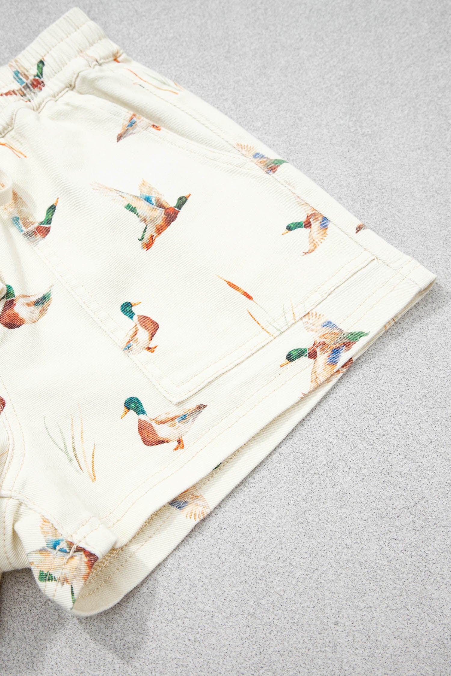 Beige Wild Duck Mallard Printed Drawstring Denim Shorts