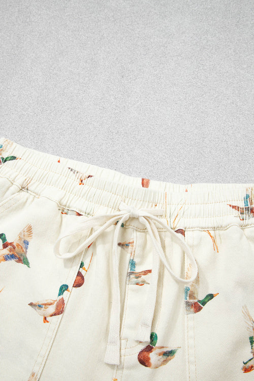 Beige Wild Duck Mallard Printed Drawstring Denim Shorts