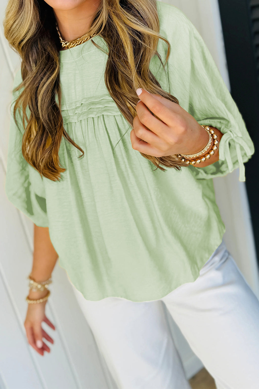 Meadow Mist Green Tie Half Sleeve Pleated Detail Babydoll Blouse