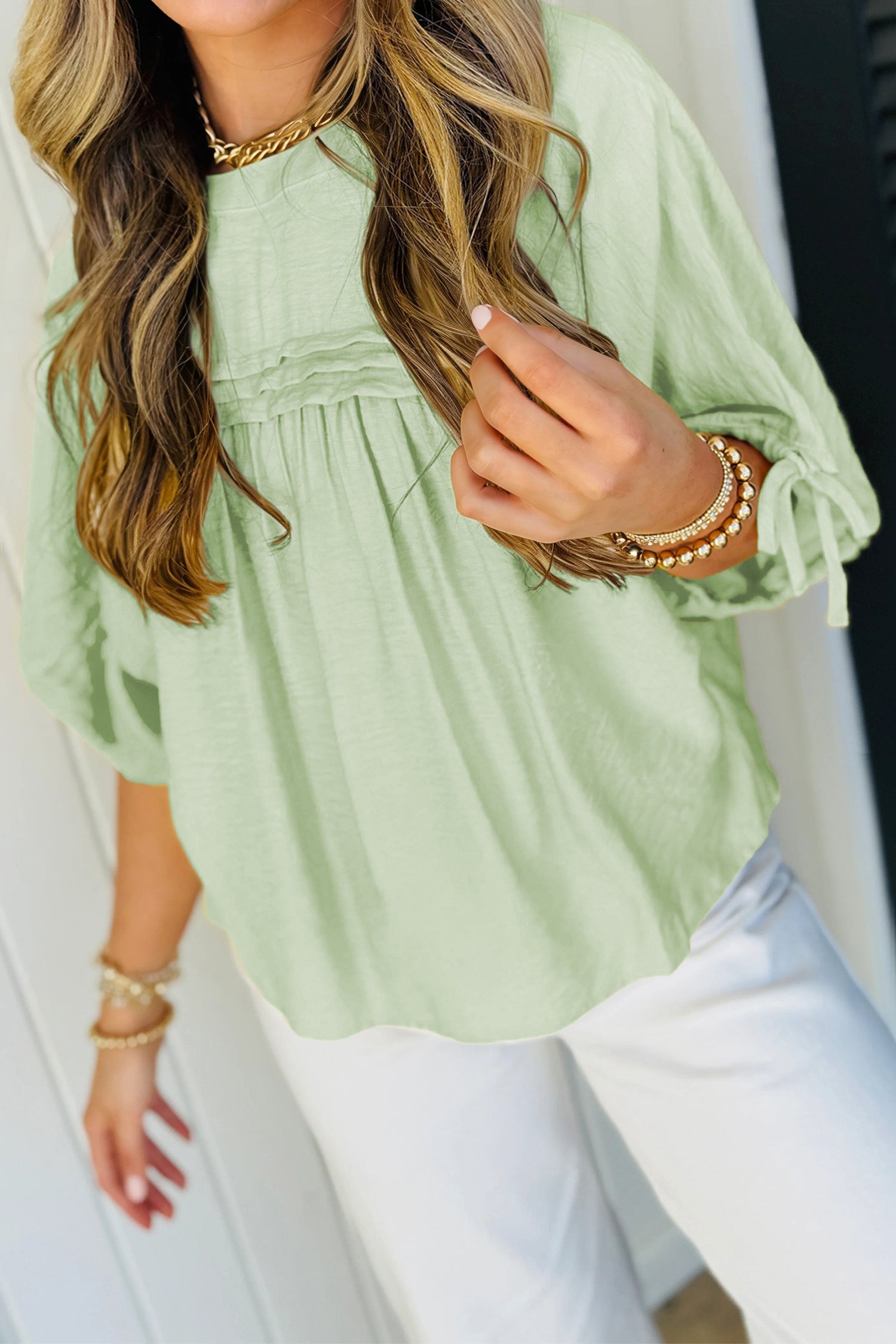 Meadow Mist Green Tie Half Sleeve Pleated Detail Babydoll Blouse