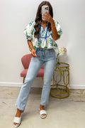White Floral Print Contrast Trim Tie Neck Blouse